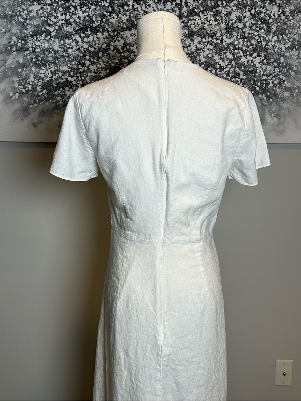 Madewell White linen blend Button-Front V-Neck Midi Dress short sleeve size 4 - Picture 7 of 14